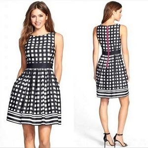 Eliza J Fit and Flare Black White Pink Windowpane Plaid Dress Size 10